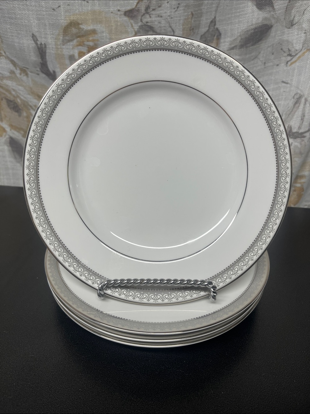 4 Mikasa White Platinum Crown Salad Plates with Silver Scroll Rim